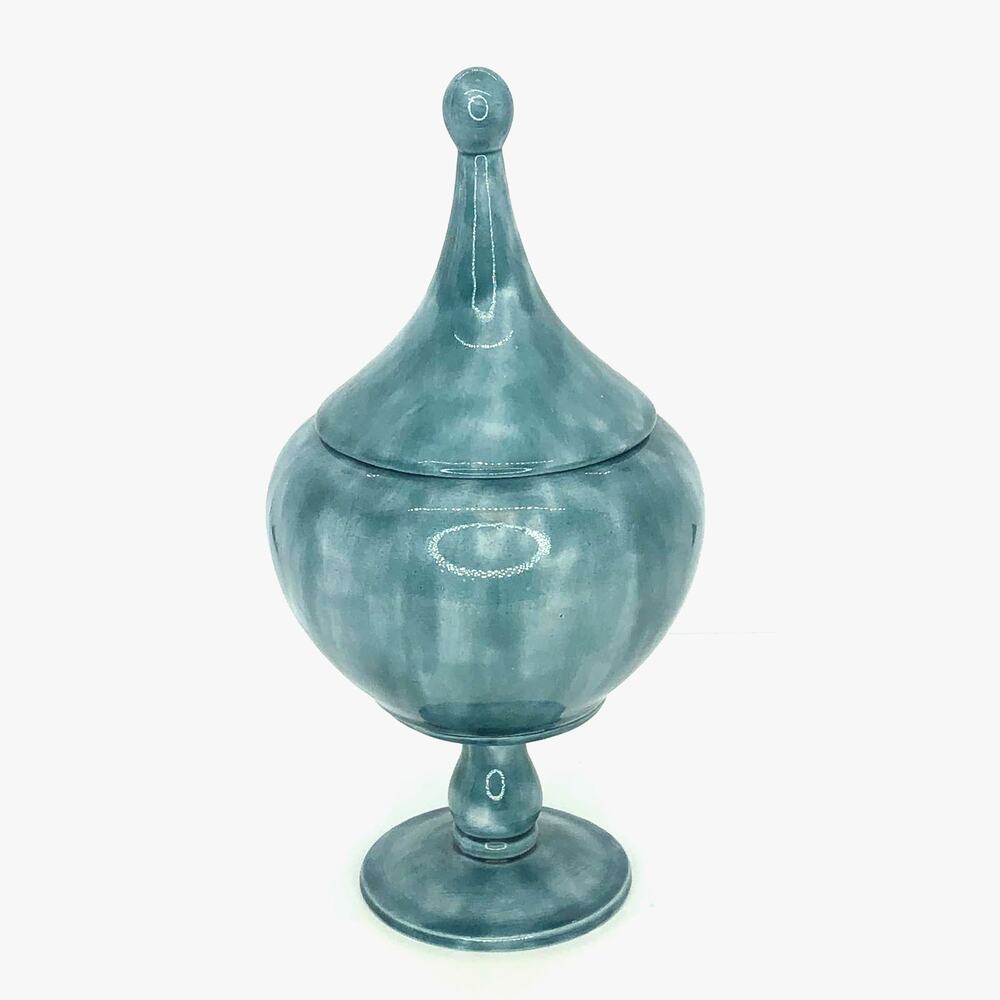 Handmade Signed Blue Mid Century Modern Styled Ceramics Covered Candy Dish